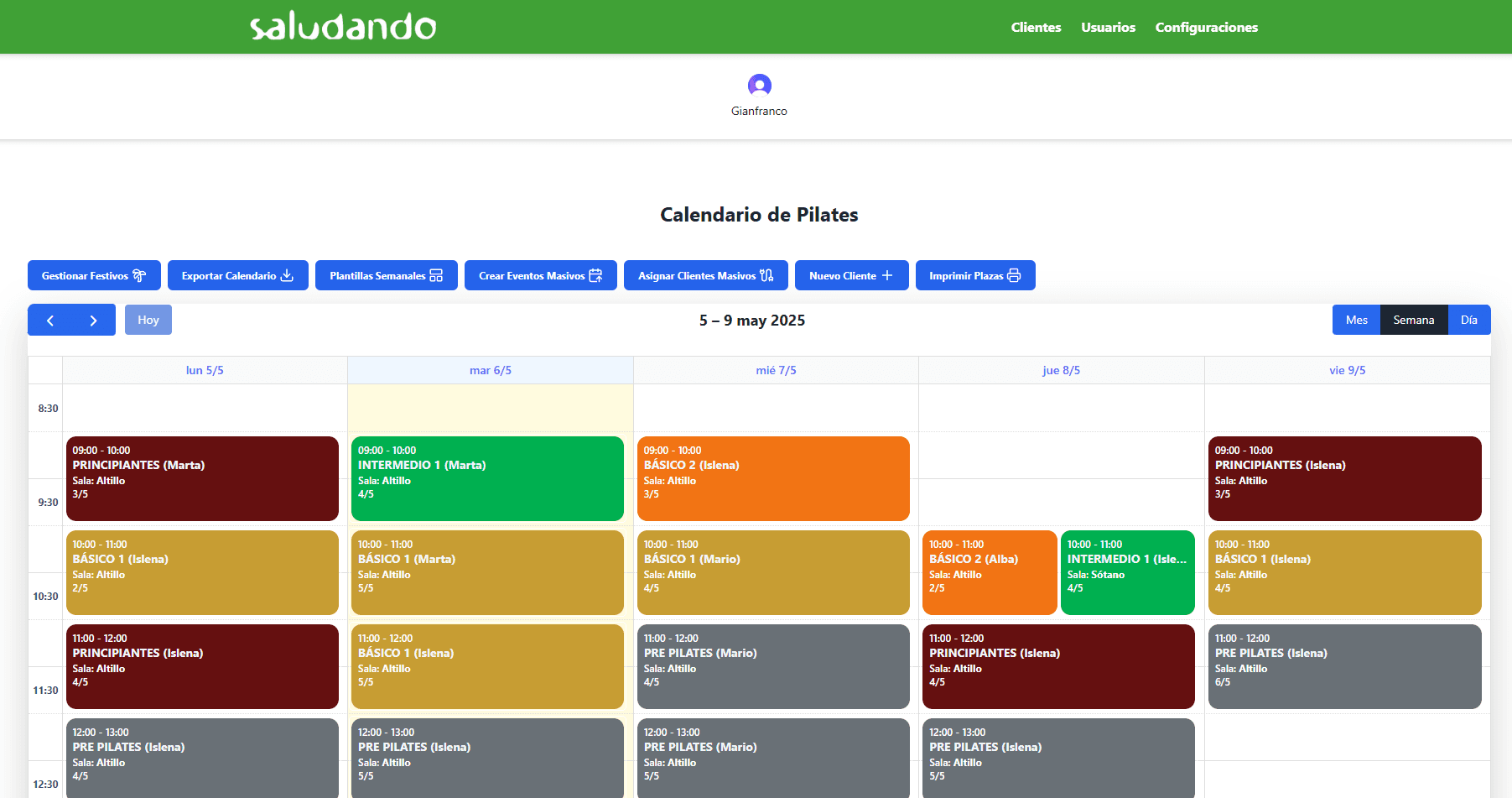 Vista del calendario semanal con disponibilidad