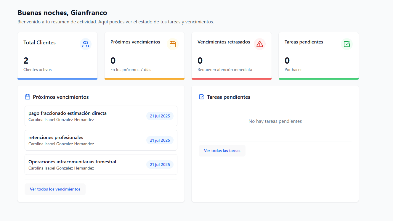 Dashboard principal con vista de obligaciones pendientes